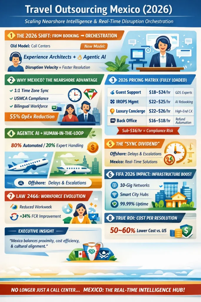 Infographic showing how travel outsourcing in Mexico in 2026 enables real-time disruption orchestration using Agentic AI and bilingual experience architects, delivering 55% cost savings, faster IROPS resolution, and improved customer experience through nearshore time-zone alignment.