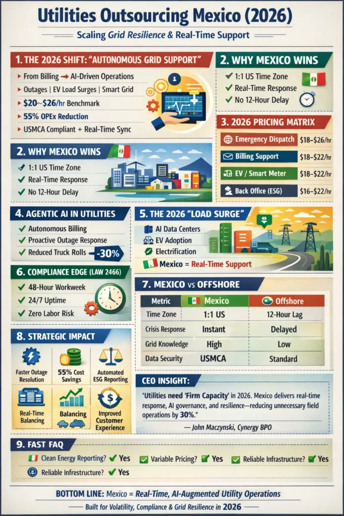 Utilities outsourcing Mexico 2026 infographic showing AI-driven grid support, real-time outage management, pricing benchmarks, Agentic AI capabilities, and comparison with offshore outsourcing.
