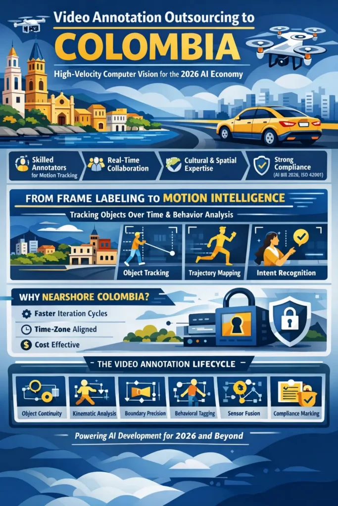 Infographic showing video annotation outsourcing in Colombia for 2026, highlighting motion tracking, object trajectory mapping, real-time collaboration, compliance standards, and the full video annotation lifecycle including object continuity, kinematic analysis, and sensor fusion.