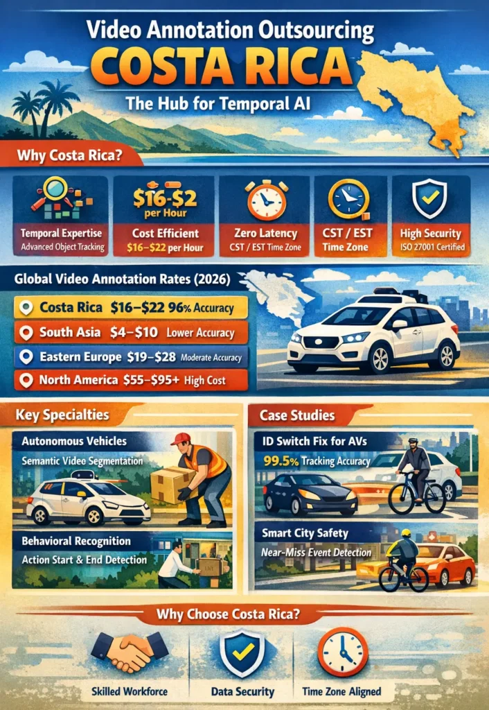 Video annotation outsourcing in Costa Rica infographic highlighting $16–$22 hourly rates, 96–98% accuracy, temporal AI expertise, object tracking, sensor fusion, and real-time U.S. time-zone collaboration for autonomous systems and smart city applications.