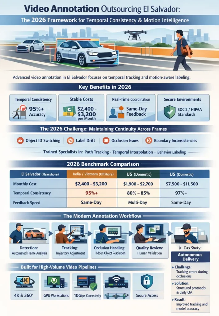 Video annotation outsourcing in El Salvador infographic showing 2026 framework for temporal consistency, motion tracking, cost comparison, workflow stages, and high-throughput infrastructure for AI training datasets.