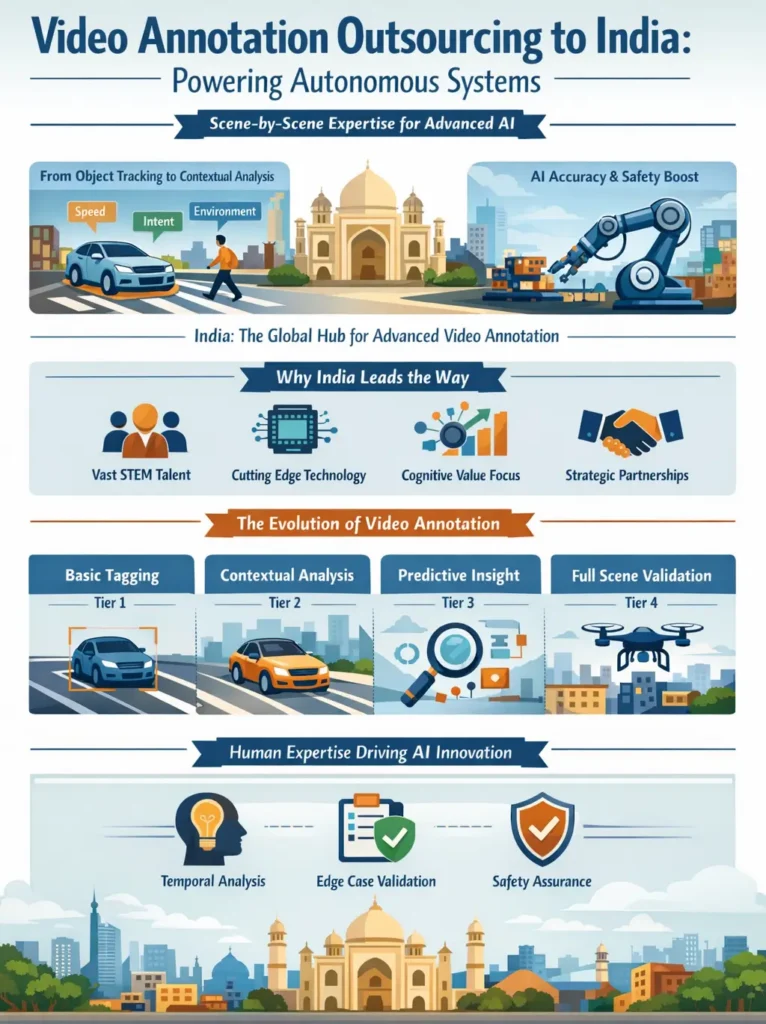 Infographic showing how video annotation outsourcing to India powers autonomous AI through frame-by-frame analysis, contextual scene understanding, predictive modeling tiers, and expert human-in-the-loop validation.