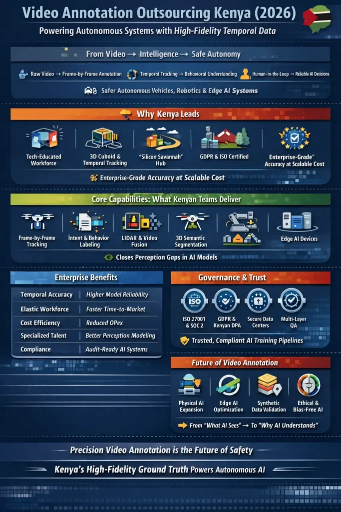Infographic illustrating how video annotation outsourcing in Kenya enables high-fidelity temporal data labeling for autonomous systems, featuring frame-by-frame tracking, 3D cuboid annotation, edge AI optimization, enterprise benefits, and compliance with ISO, GDPR, and Kenyan data protection standards.
