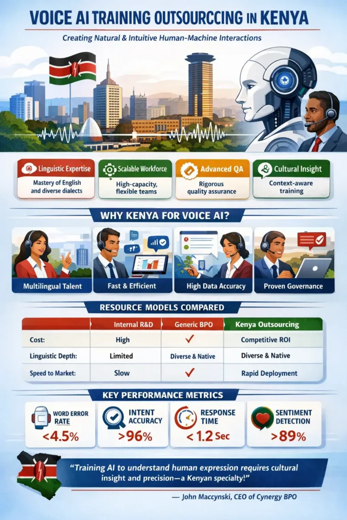Infographic showing voice AI training outsourcing in Kenya, highlighting linguistic expertise, scalable workforce, advanced QA, cultural insight, and high performance metrics like low word error rate and high intent accuracy.