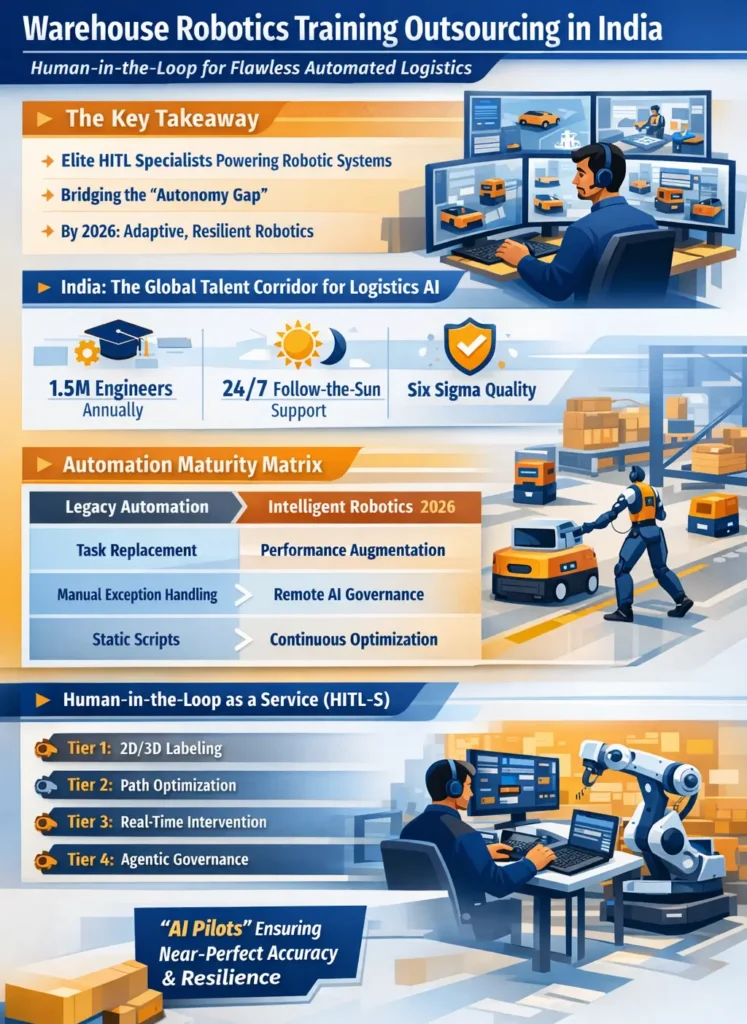Infographic illustrating warehouse robotics training outsourcing in India, highlighting Human-in-the-Loop AI specialists who label 3D data, resolve robotic errors in real time, and govern autonomous mobile robots to improve logistics accuracy and operational resilience.