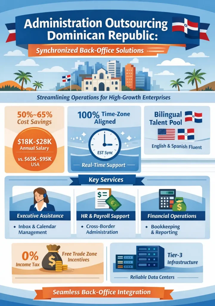 Administration outsourcing Dominican Republic infographic highlighting 50–65% cost savings, EST time-zone alignment, bilingual workforce, Free Trade Zone tax incentives, and AI-augmented back-office operations.