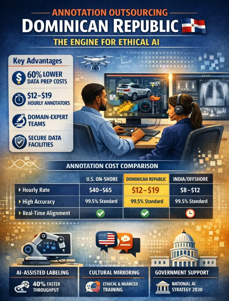 Infographic illustrating annotation outsourcing in the Dominican Republic, highlighting $12–$19 hourly rates, 60% lower data preparation costs, domain-expert annotators, AI-assisted labeling with 40% faster throughput, and a cost comparison versus U.S. onshore and offshore markets, alongside secure data facilities and government-backed AI initiatives.