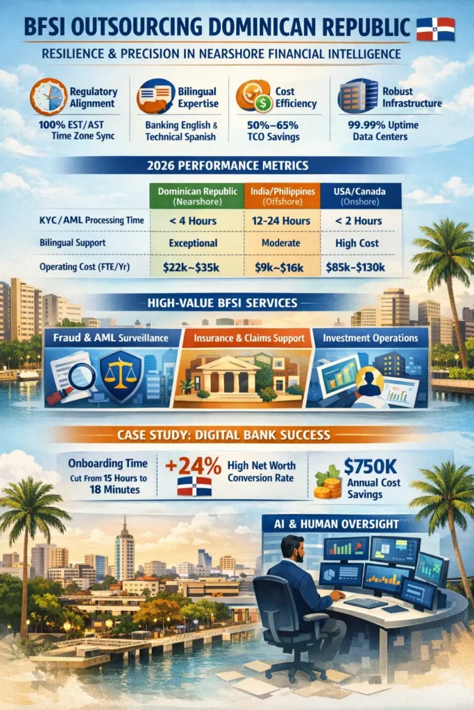 Infographic showing BFSI outsourcing in the Dominican Republic, highlighting 50–65% cost savings, real-time EST/AST alignment, bilingual financial expertise, 99.99% uptime infrastructure, and performance comparisons versus offshore and onshore models, including KYC/AML processing times, operating costs, and a digital bank case study with faster onboarding and higher conversion rates.