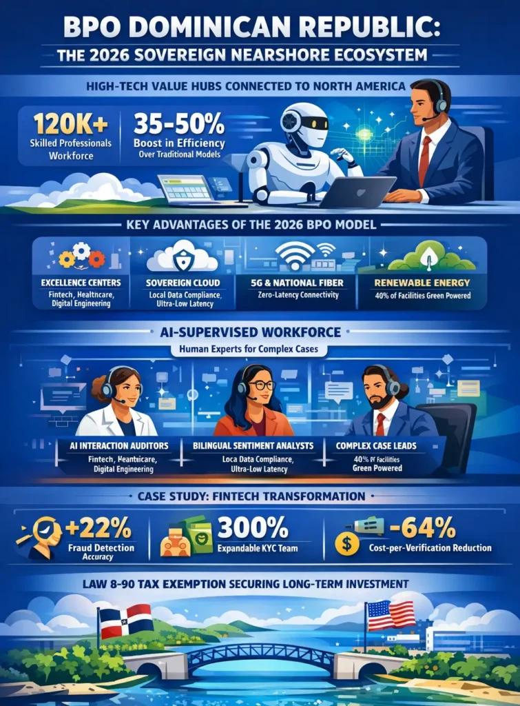 Infographic showing how the Dominican Republic has evolved into a Sovereign Nearshore BPO ecosystem in 2026, combining Agentic AI and human expertise to deliver 35–50% higher efficiency. Highlights include 120,000+ workforce scale, 70% AI-human hybrid interactions, tax-free Free Trade Zone incentives, sovereign cloud infrastructure, and a fintech case study achieving 64% cost reduction and improved compliance accuracy.