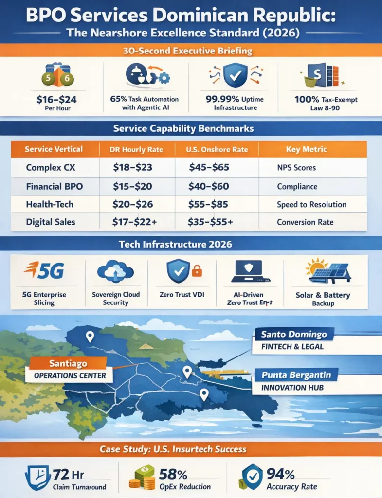 BPO services in the Dominican Republic infographic highlighting $16–$24 hourly rates, 50% cost savings, and 65% Tier-1 task automation using Agentic AI. Includes 2026 service benchmarks comparing DR vs U.S. costs across CX, finance, health-tech, and digital sales, plus infrastructure advantages like 5G slicing, sovereign cloud, and 99.99% uptime, and a case study showing 72-hour claims processing and 58% cost reduction.