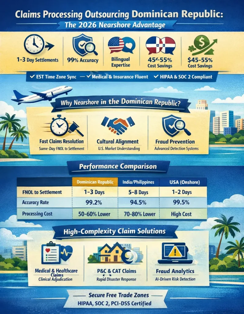 Infographic highlighting claims processing outsourcing in the Dominican Republic, featuring 1–3 day settlements, 99.2% accuracy, 45–55% cost savings, bilingual adjudication, real-time EST alignment, and AI-supported fraud detection.