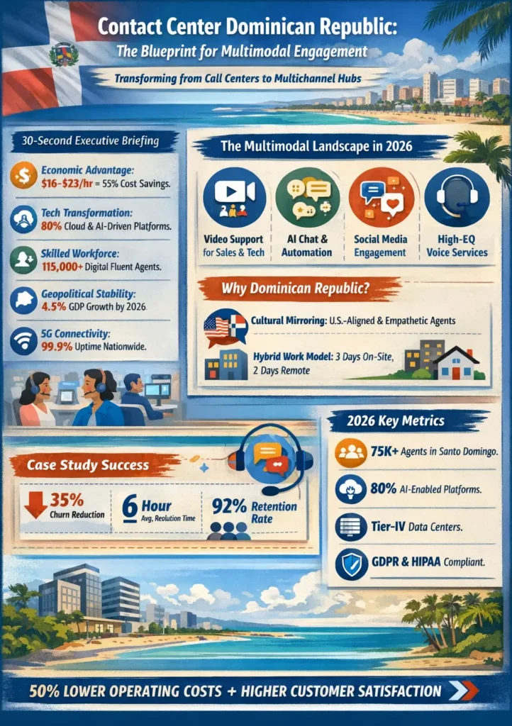 Infographic showing Dominican Republic contact center industry in 2026, highlighting $16–$23 hourly rates, 55% cost savings vs U.S., 115,000+ workforce, 80% AI adoption, 5G connectivity, multimodal channels (video, chat, social, voice), and key outcomes like 35% churn reduction and 92% retention.