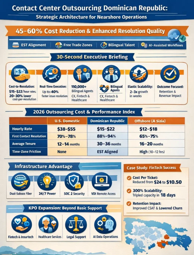 Infographic showing contact center outsourcing in the Dominican Republic with 45–60% cost savings, $15–$22 hourly rates, 20–30% lower cost per resolution, 110,000+ bilingual workforce, 99.99% uptime infrastructure, and higher first contact resolution (88–94%) compared to U.S. and offshore models.