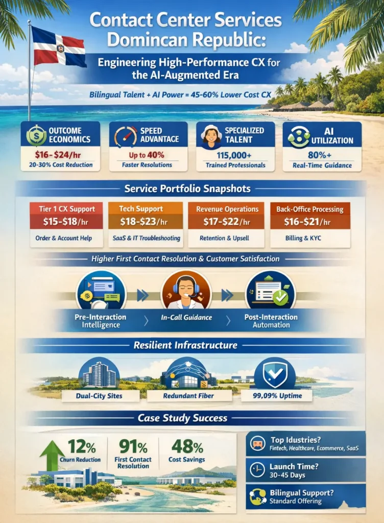 Infographic showing Dominican Republic contact center services with $16–$24/hour rates, 45–60% cost savings, AI-assisted CX workflows, bilingual workforce of 115,000+, 80% AI utilization, omnichannel support, and performance gains including 91% first contact resolution and 48% cost reduction.
