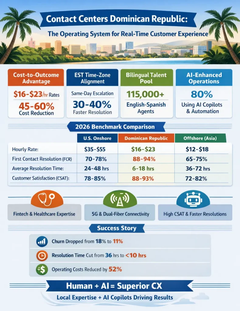 Infographic showing Dominican Republic contact centers delivering real-time multichannel customer experience with $16–$23/hour rates, 45–60% cost savings, 88–94% first contact resolution, faster 6–18 hour resolution times, and AI-assisted operations compared to U.S. and offshore models.