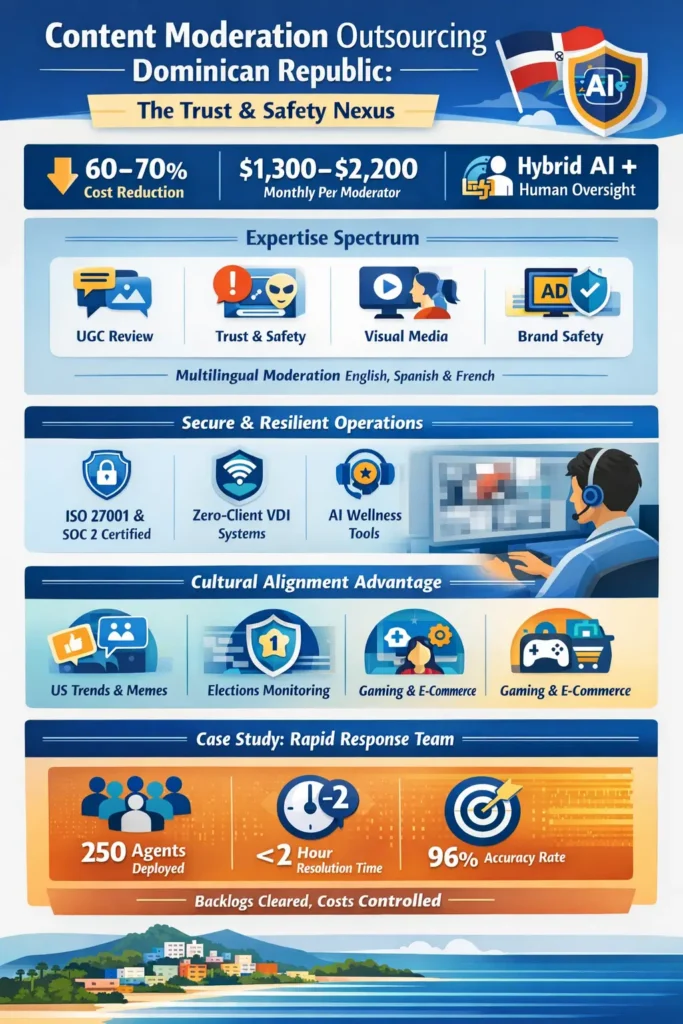 Infographic highlighting content moderation outsourcing in the Dominican Republic, featuring $1,300–$2,200 monthly costs, 60–70% savings vs U.S., hybrid AI-human moderation workflows, multilingual support, and secure VDI-based infrastructure for trust and safety operations.