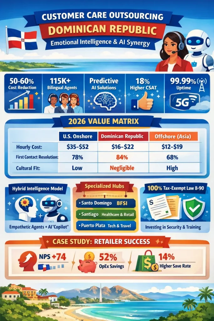 Infographic showing customer care outsourcing in the Dominican Republic highlighting 50–60% cost savings, $15.50–$21.50 hourly rates, AI-assisted support resolving 35% of issues proactively, 115,000+ bilingual workforce, 99.99% uptime infrastructure, and higher CSAT driven by cultural alignment and emotional intelligence.