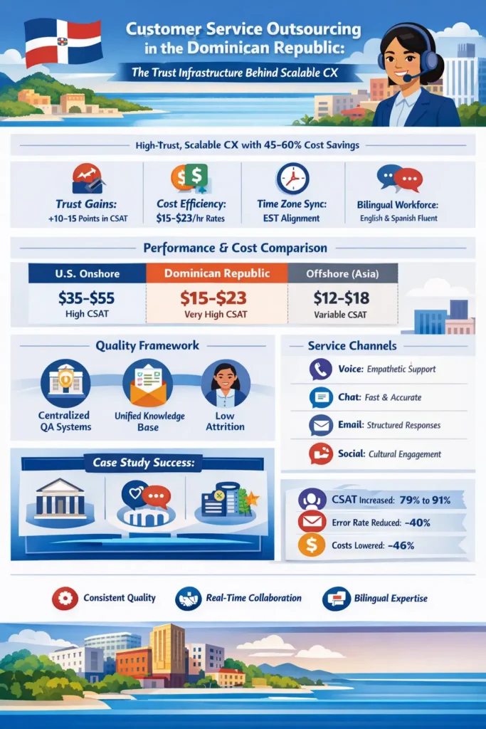Infographic illustrating how customer service outsourcing in the Dominican Republic delivers 45–60% cost savings while improving trust, consistency, and customer satisfaction. Highlights include bilingual support, EST-aligned operations, centralized QA systems, multi-channel service delivery, and a case study showing CSAT increase from 79% to 91%, 40% error reduction, and 46% cost savings.