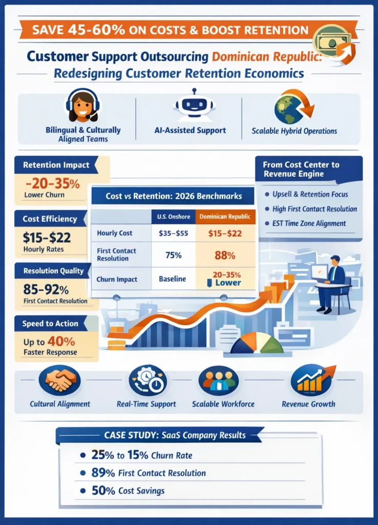 Infographic showing customer support outsourcing in the Dominican Republic highlighting 45–60% cost savings, 20–35% lower churn, 85–92% first contact resolution, $15–$22 hourly rates, and faster response times through bilingual, AI-assisted teams.