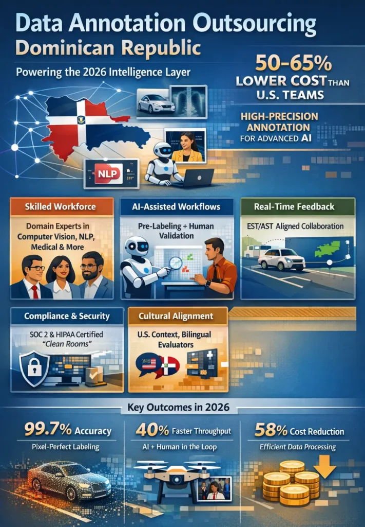 Infographic showing data annotation outsourcing in the Dominican Republic with $13–$19/hour rates, 50–65% cost savings vs U.S., AI-assisted labeling workflows, domain-specific experts, SOC2 and HIPAA compliance, real-time feedback loops, and key outcomes including 99.7% accuracy, 40% faster throughput, and 58% cost reduction.