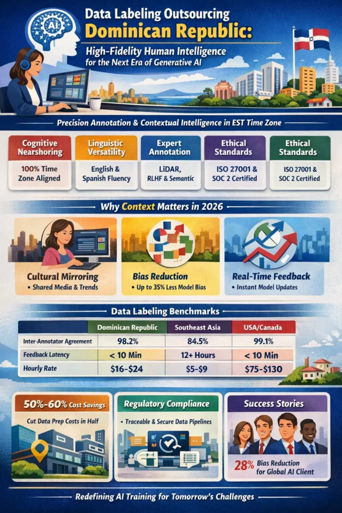 Infographic showing data labeling outsourcing in the Dominican Republic, highlighting high-fidelity human intelligence, 100% EST alignment, bilingual expertise, RLHF and LiDAR annotation capabilities, 98.2% annotation accuracy, under 10-minute feedback loops, 50–60% cost savings, and strong data privacy compliance compared to offshore and onshore models.