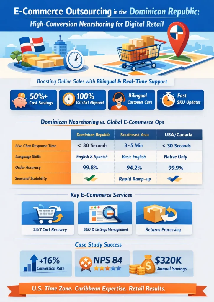 Infographic showcasing ecommerce outsourcing in the Dominican Republic, highlighting 50–60% cost savings, real-time EST-aligned customer support, bilingual English-Spanish capabilities, fast catalog management, and improved conversion rates compared to offshore and onshore models.