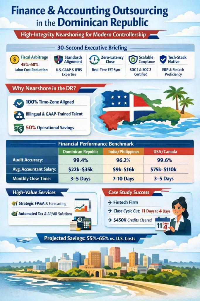Infographic illustrating Finance and Accounting Outsourcing in the Dominican Republic, highlighting 45–60% cost savings, GAAP/IFRS-aligned talent, real-time EST collaboration, 3–5 day close cycles, and high-accuracy financial operations supported by ERP and fintech tools.