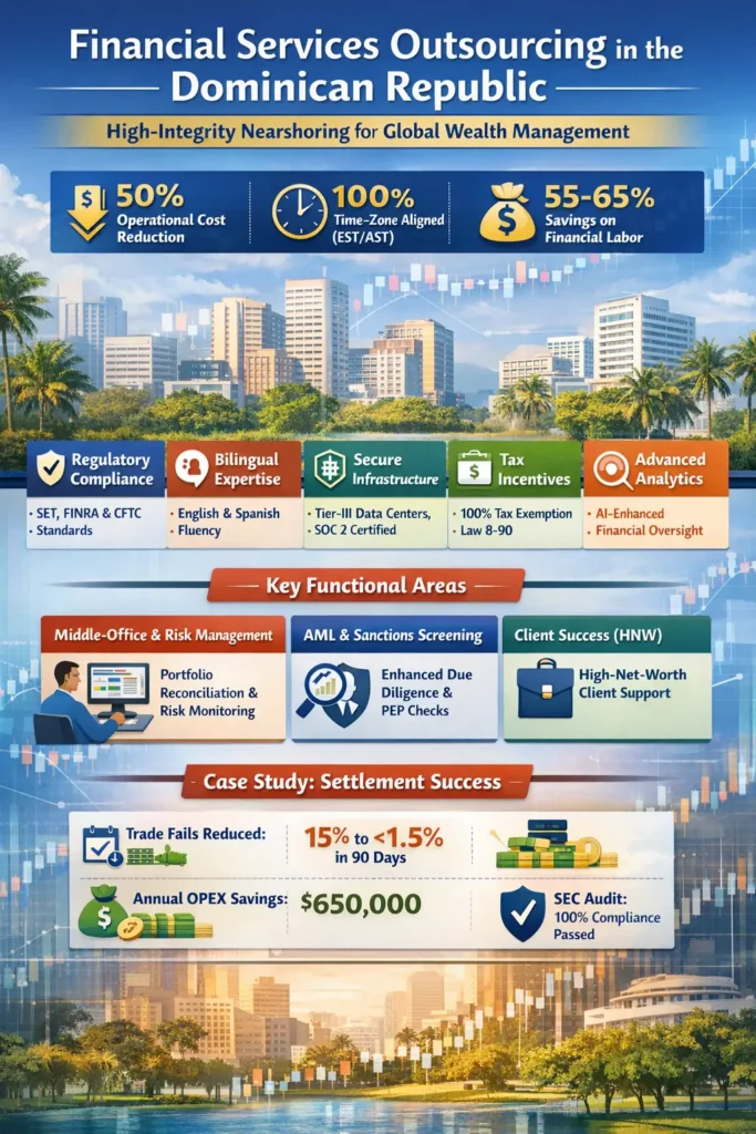 Infographic showing financial services outsourcing in the Dominican Republic, highlighting 50% cost reduction, 55–65% labor savings, 100% EST time-zone alignment, bilingual expertise, secure Tier-III infrastructure, AML compliance, and improved trade settlement efficiency from 15% to under 1.5%.