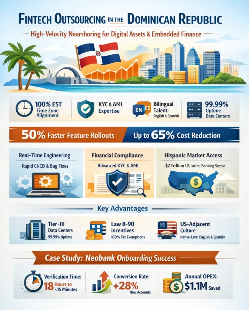 Infographic showing fintech outsourcing in the Dominican Republic, highlighting 100% EST alignment, KYC/AML compliance expertise, bilingual English-Spanish talent, 99.99% uptime infrastructure, 50% faster feature rollouts, up to 65% cost savings, and a neobank case study improving onboarding speed and reducing operational costs.