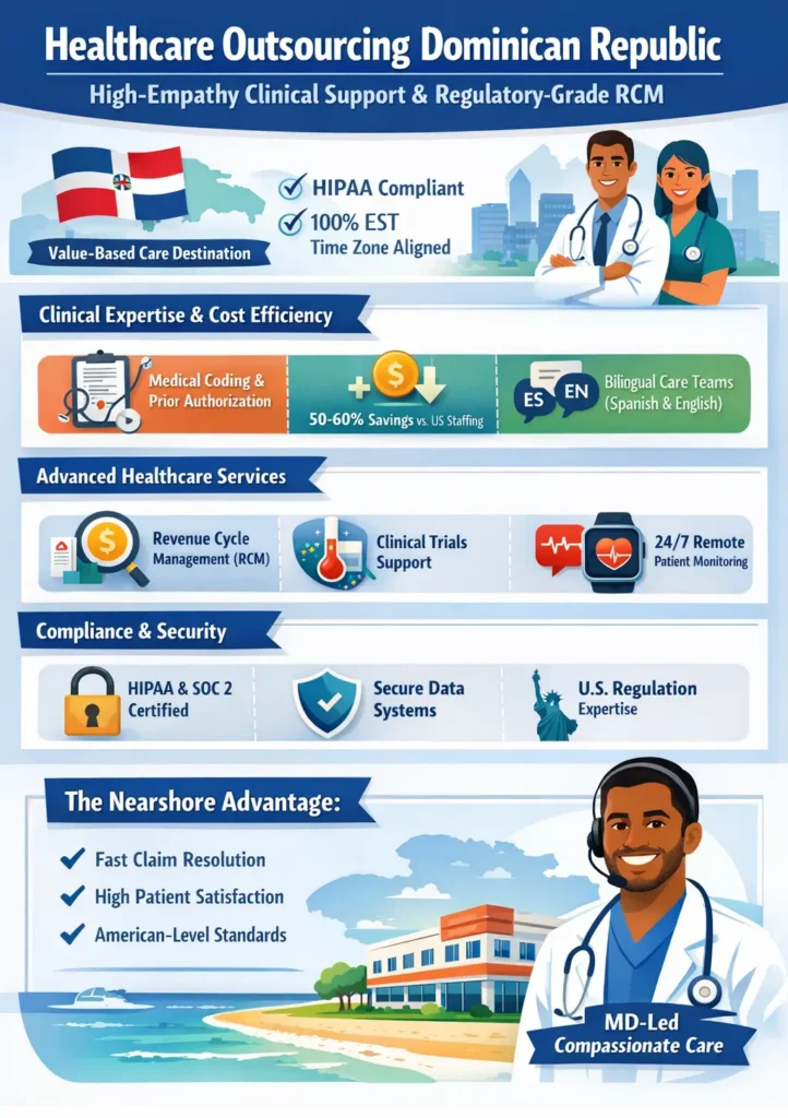 Healthcare outsourcing in the Dominican Republic highlighting clinical expertise, HIPAA-compliant operations, bilingual care teams, and 50–60% cost savings, with services including medical coding, revenue cycle management, clinical trial support, and remote patient monitoring.