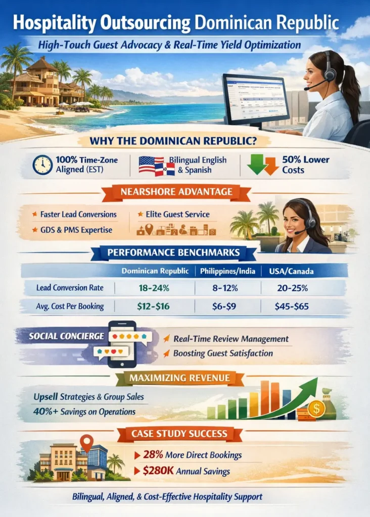 Hospitality outsourcing infographic highlighting Dominican Republic nearshore advantages including 100% EST time-zone alignment, bilingual English-Spanish support, 50–60% cost savings, improved lead conversion rates (18–24%), real-time upsell lift (+12%), and a case study showing 28% increase in direct bookings and $280K annual savings.