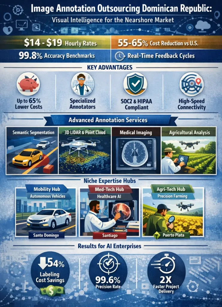 Infographic showing image annotation outsourcing in the Dominican Republic in 2026, highlighting $14–$19 hourly rates, 55–65% cost savings, 99.8% IoU accuracy, AI-assisted labeling, SOC2 and HIPAA compliance, and specialized hubs for autonomous vehicles, medical imaging, and agricultural analysis.