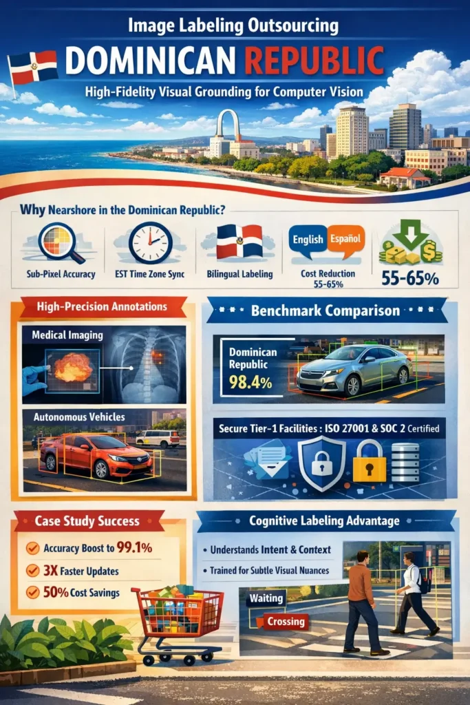 Infographic showing image labeling outsourcing in the Dominican Republic, highlighting sub-pixel annotation accuracy, EST time-zone alignment, bilingual data labeling, 55–65% cost savings, and high-performance benchmarks for computer vision and autonomous systems.
