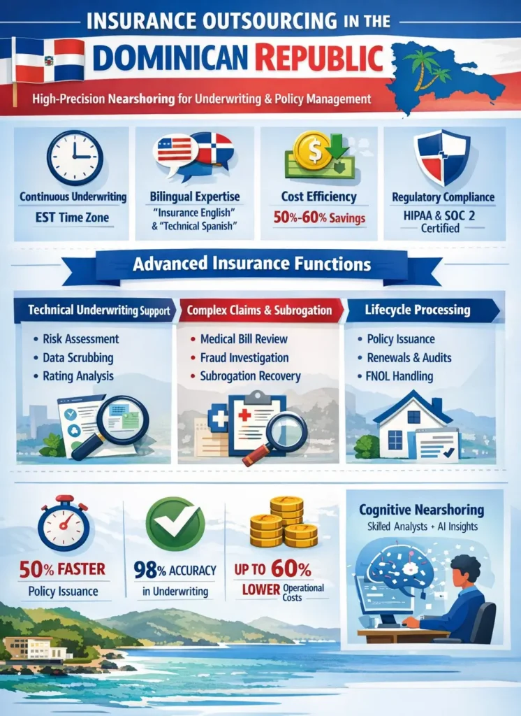 Infographic showing insurance outsourcing in the Dominican Republic, highlighting 50–60% cost savings, 2–4 hour policy issuance, 98.8% underwriting accuracy, bilingual workforce, regulatory compliance (HIPAA, SOC 2, GLBA), and full policy lifecycle support including underwriting, claims adjudication, and renewals.