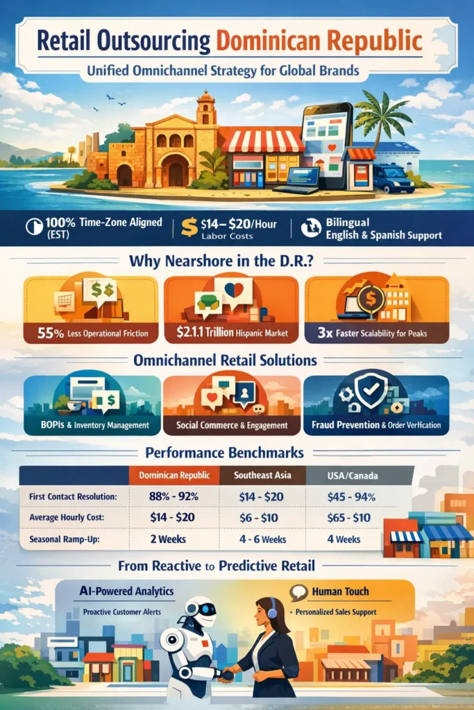 Retail outsourcing Dominican Republic infographic showing $14–$20 hourly rates, 50–65% cost savings, 88%–92% first-contact resolution, bilingual English-Spanish support, real-time omnichannel retail operations, and services like inventory management, social commerce, and fraud prevention.