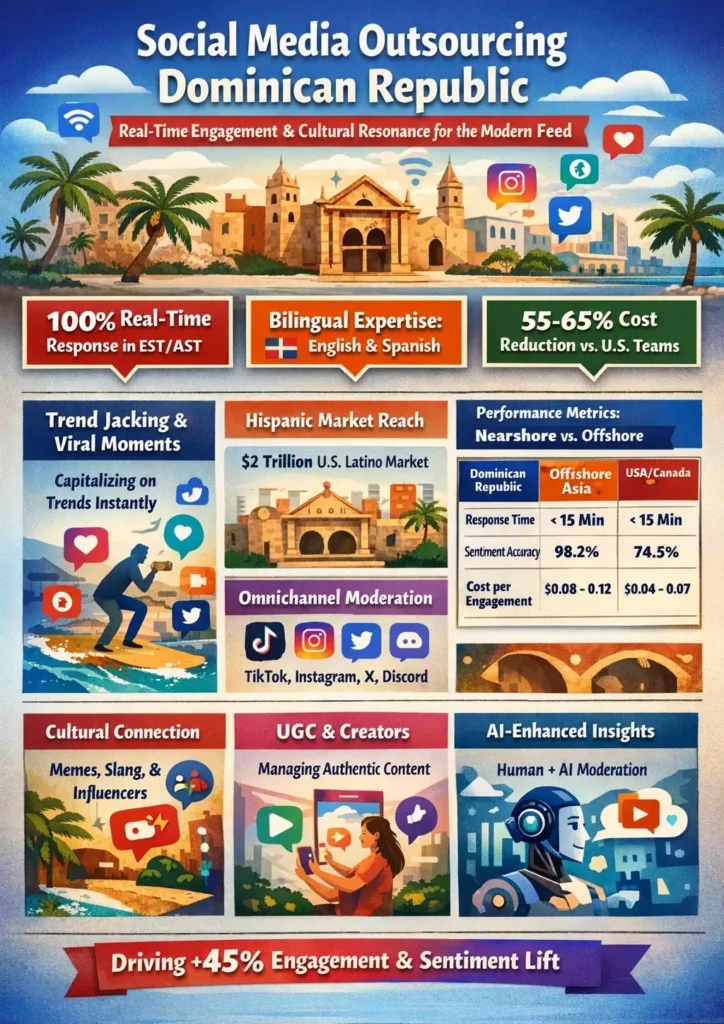 Infographic showing social media outsourcing in the Dominican Republic, highlighting real-time engagement, bilingual English-Spanish support, 55–65% cost savings, omnichannel moderation (TikTok, Instagram, X, Discord), and performance benchmarks comparing nearshore, offshore, and onshore teams, with improved engagement and sentiment metrics.