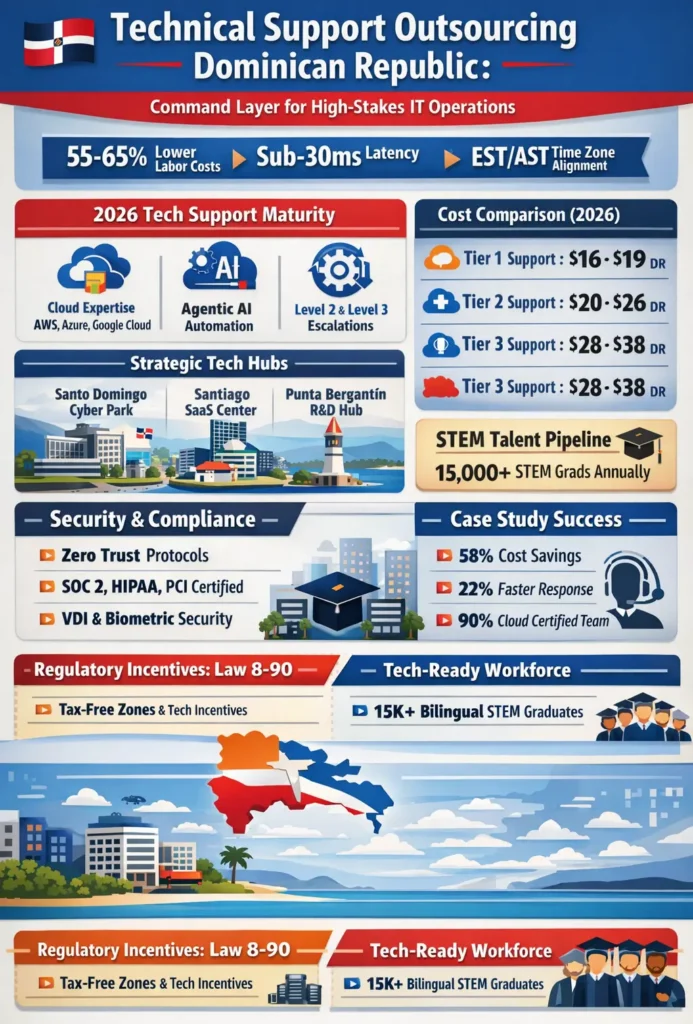 Technical support outsourcing in the Dominican Republic infographic highlighting 55–65% cost savings, sub-30ms latency, EST/AST alignment, Tier 1–3 support pricing, cloud expertise, AI automation, cybersecurity compliance, and STEM talent pipeline.