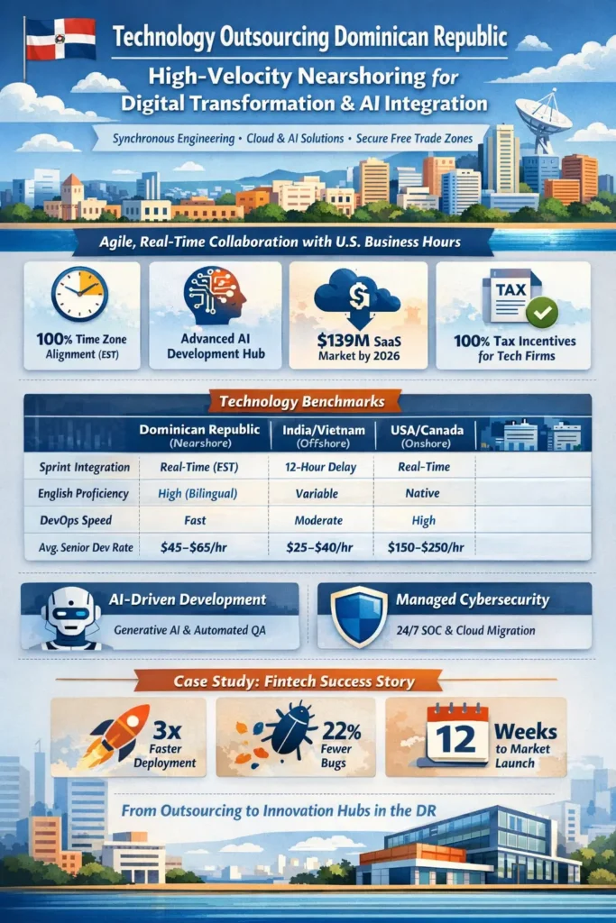 Technology outsourcing in the Dominican Republic infographic highlighting nearshore advantages such as real-time EST collaboration, AI-driven development, cloud and cybersecurity capabilities, 40% faster deployment cycles, and up to 60% cost savings compared to U.S. teams.