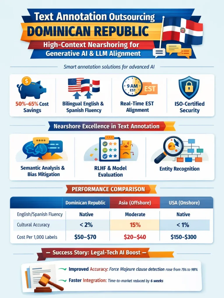 Infographic highlighting the advantages of text annotation outsourcing in the Dominican Republic, including 50–65% cost savings, bilingual English-Spanish expertise, real-time nearshore collaboration, high-context LLM training, and performance comparisons with offshore and onshore models.