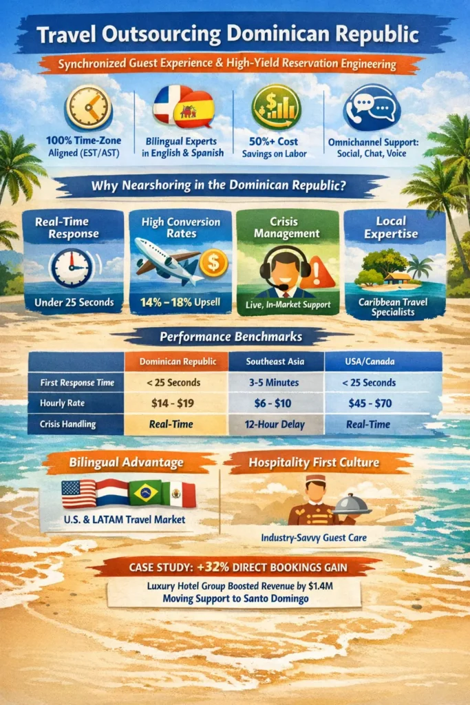 Infographic showing travel outsourcing in the Dominican Republic, highlighting time-zone alignment (EST/AST), bilingual English-Spanish support, 50%–60% cost savings, omnichannel guest support, under-25-second response times, and higher booking conversion rates compared to offshore and onshore models.