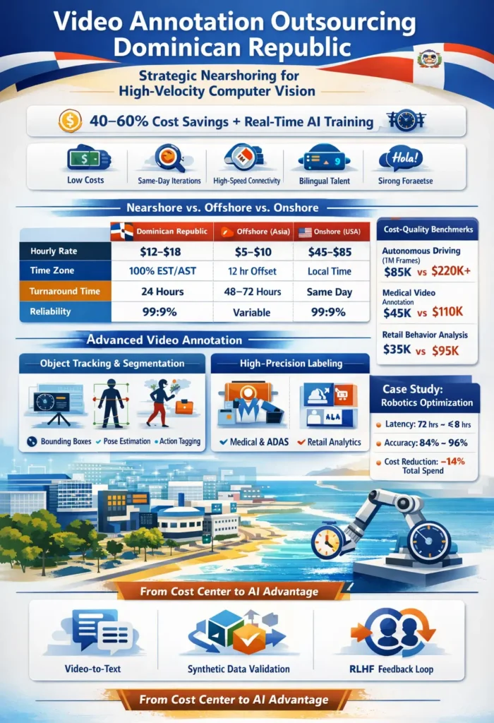 Infographic showing the advantages of video annotation outsourcing in the Dominican Republic, highlighting 40–60% cost savings, real-time EST-aligned workflows, high-precision computer vision capabilities, infrastructure strength, and performance comparisons versus offshore and onshore models.